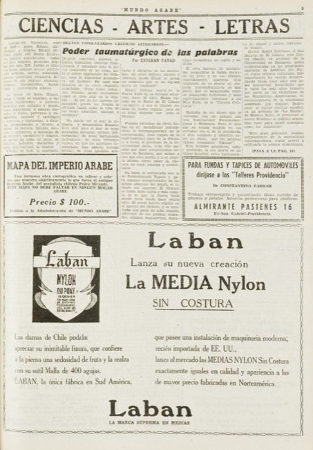 Esteban Fayad, "Poder taumatúrgico de las palabras", Mundo Árabe, Aug 19, 1949, p. 9.